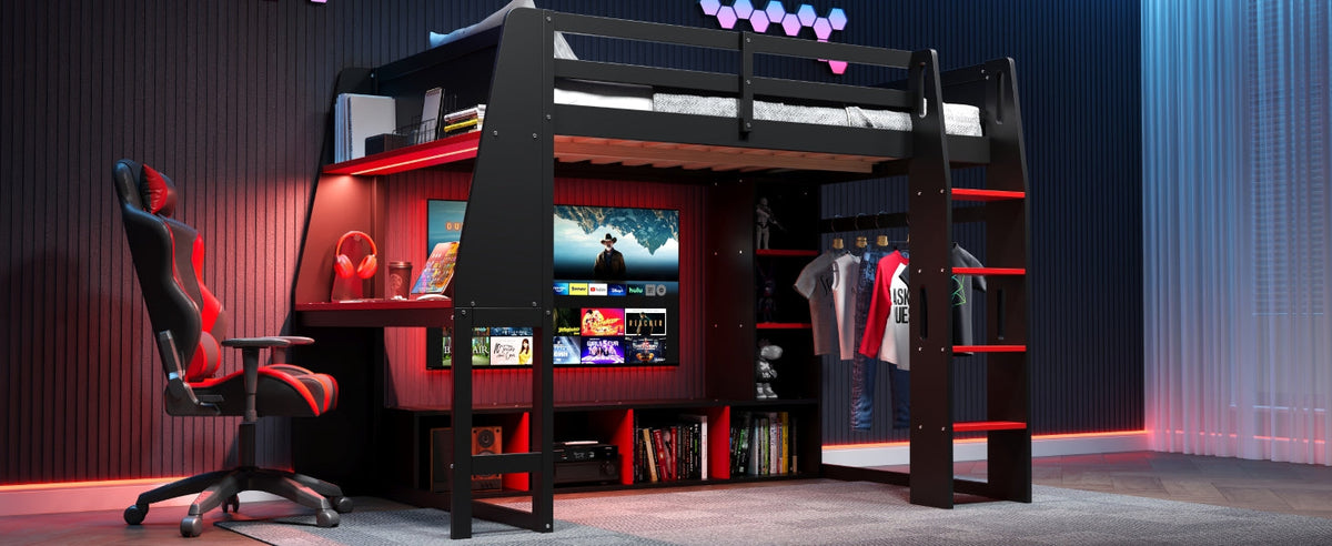 Wood Twin Size Gaming Loft Bed with Desk, Multi-storage Shelves, LED and a Hanging Clothes Rack