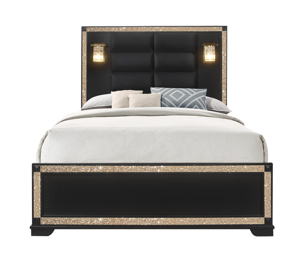 Lively Black/Gold Queen Bed with Lamps
