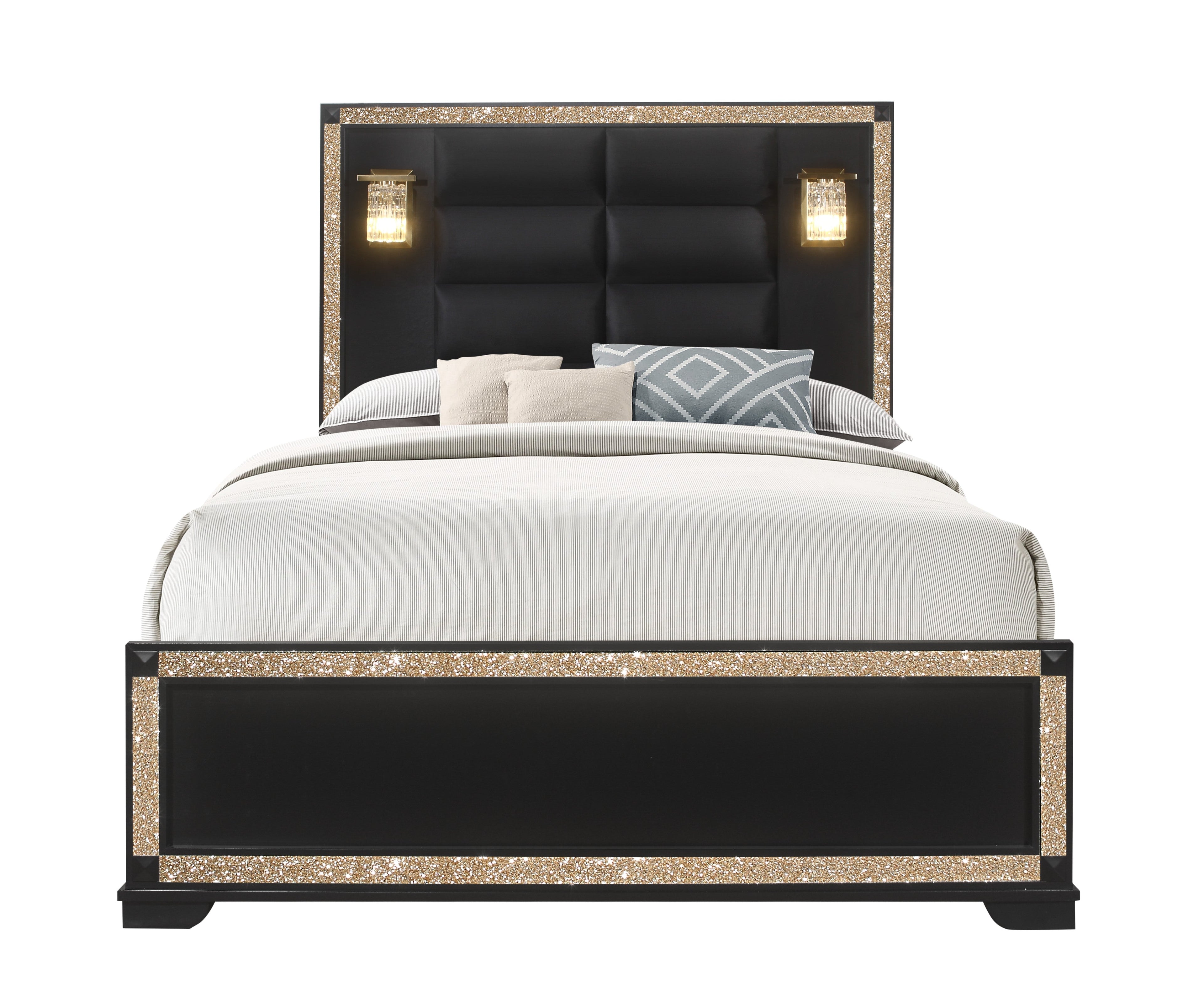 Lively Black/Gold Queen Bed with Lamps