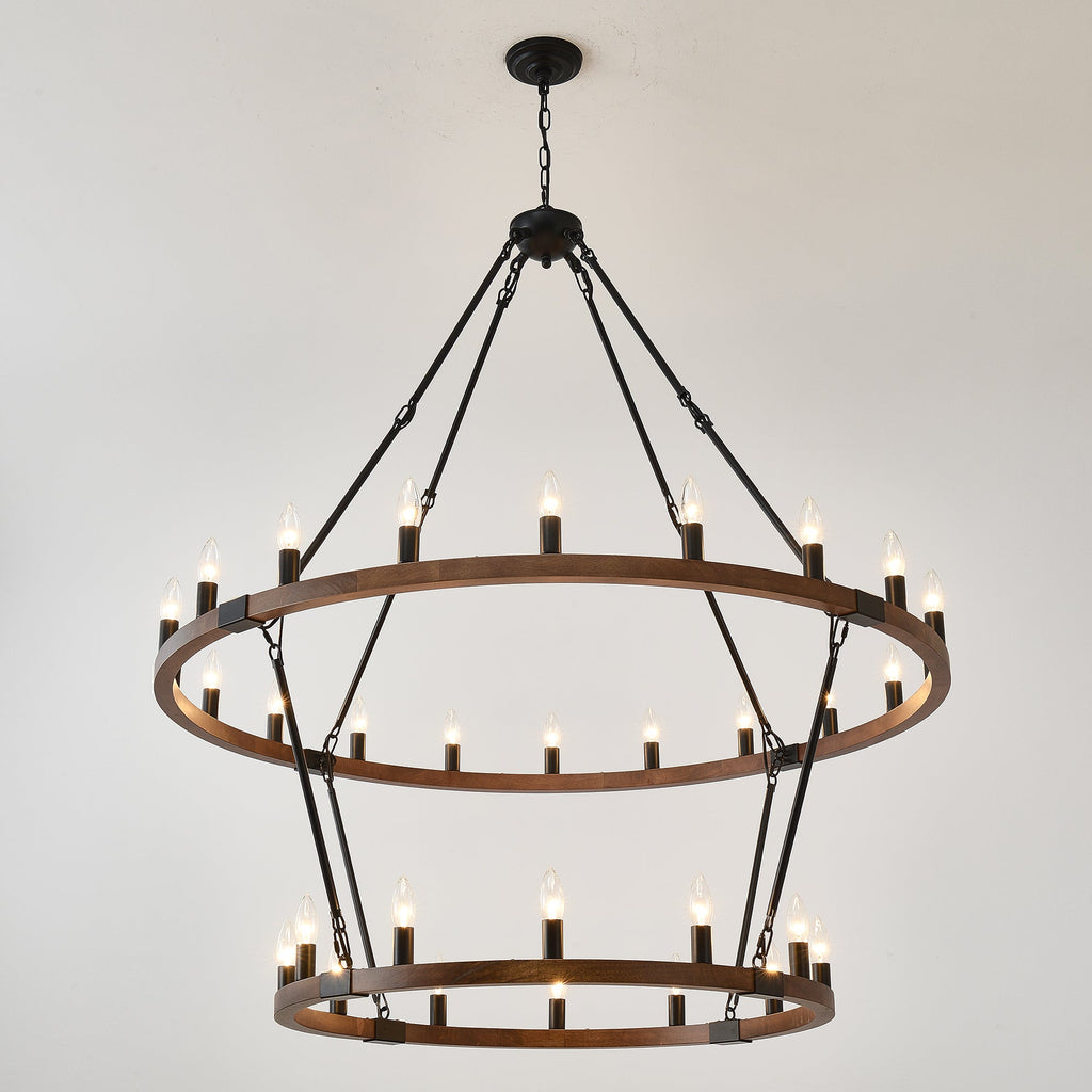 Large Solid Wood Wagon Wheel Chandelier - 32 Lights