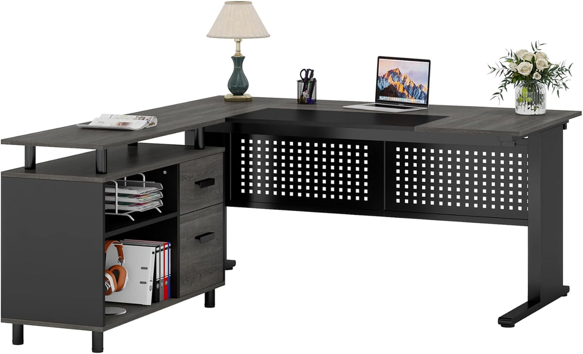 63" L-Shaped Executive Desk with File Cabinet