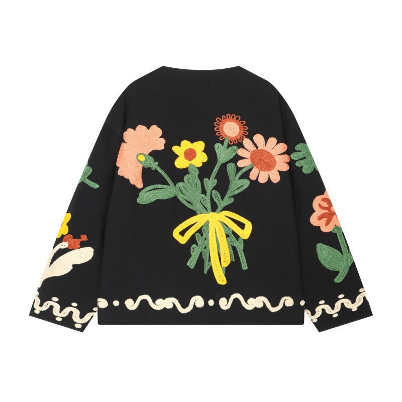 Womens Long-sleeve Crew-neck Floral-embroidered Jacket