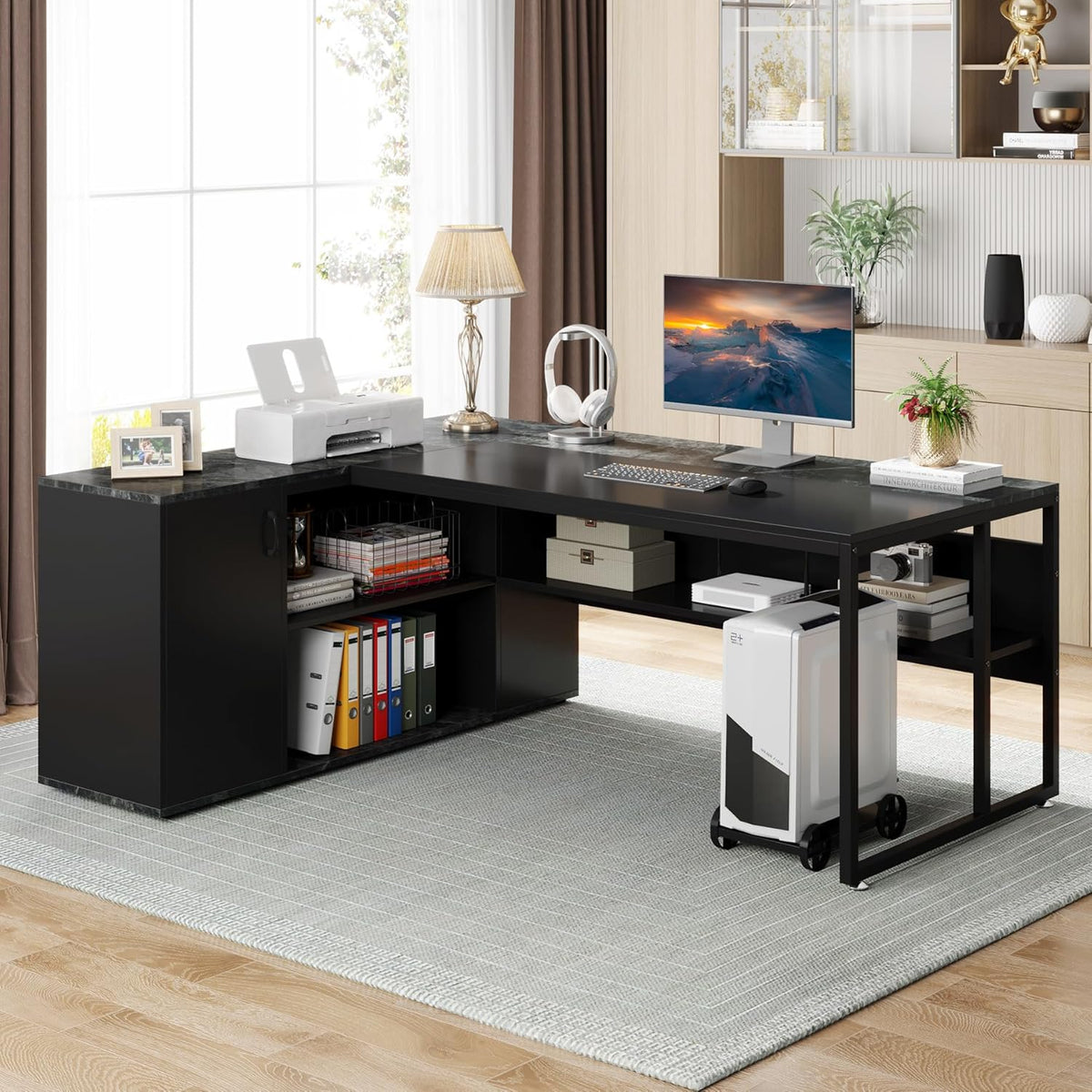71" L-Shaped Executive Desk with Storage Cabinet & Shelves