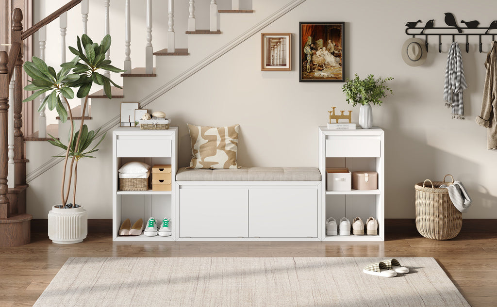 TREXM All-in-One Entryway Storage Bench with Cushion, Compartments & Drawers
