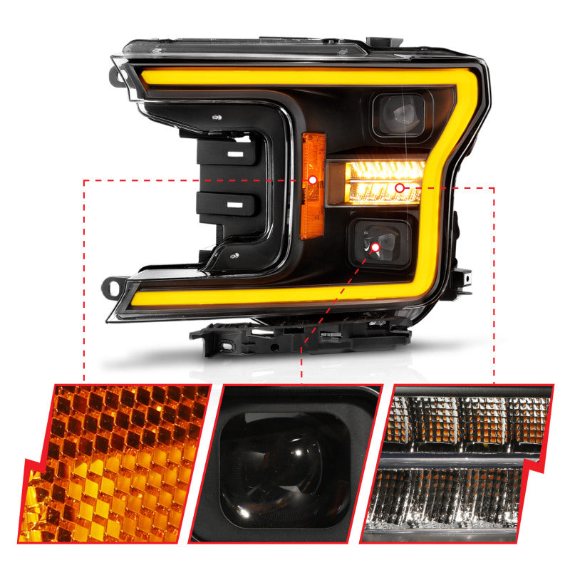 ANZO 18-20 Ford F-150 (w/o Fctry LED) Full LED Proj Headlights w/Light Bar Swtchbk Seq. Black w/Init 111570