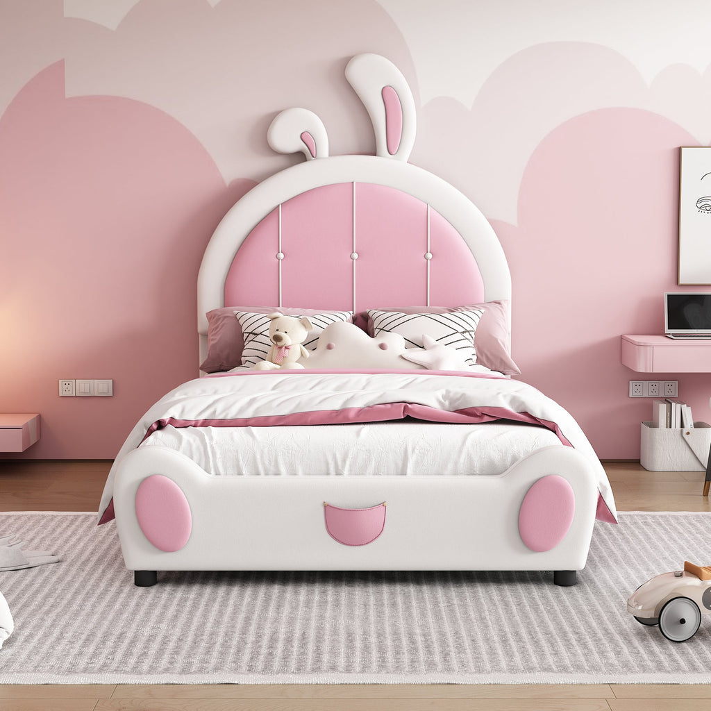 Twin Size Upholstered Platform Bed With Rabbit Shaped Headboard