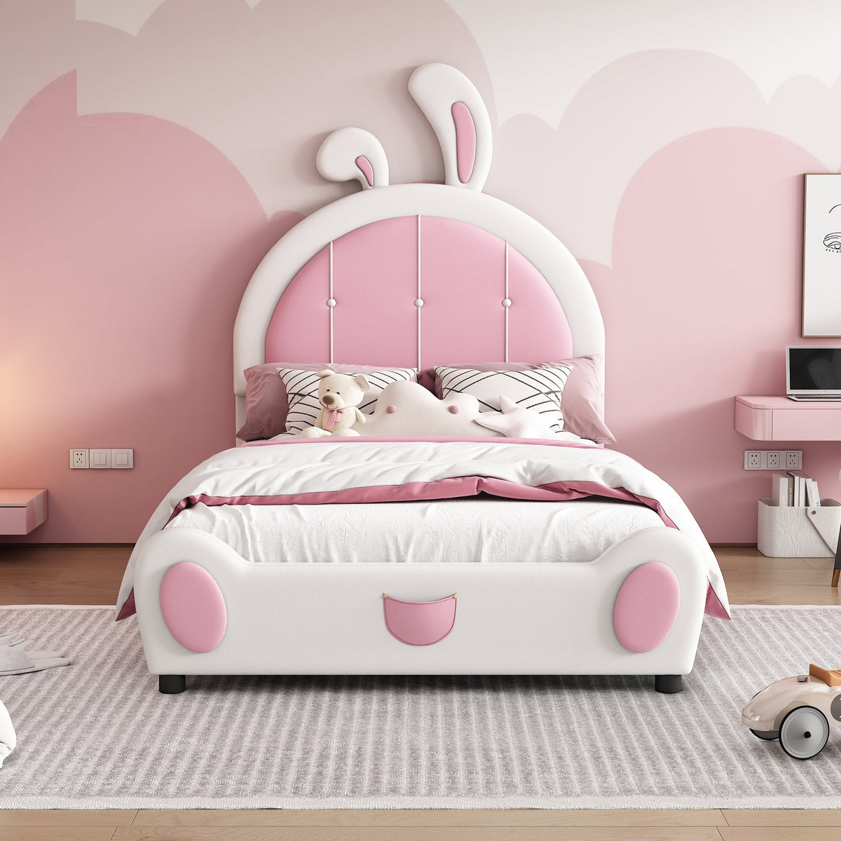 Twin Size Upholstered Platform Bed With Rabbit Shaped Headboard