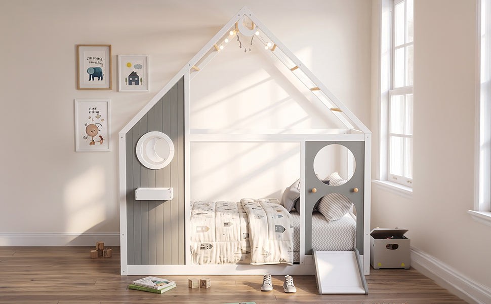 Twin House Bed with Slide, Ball Light Strip, Gray