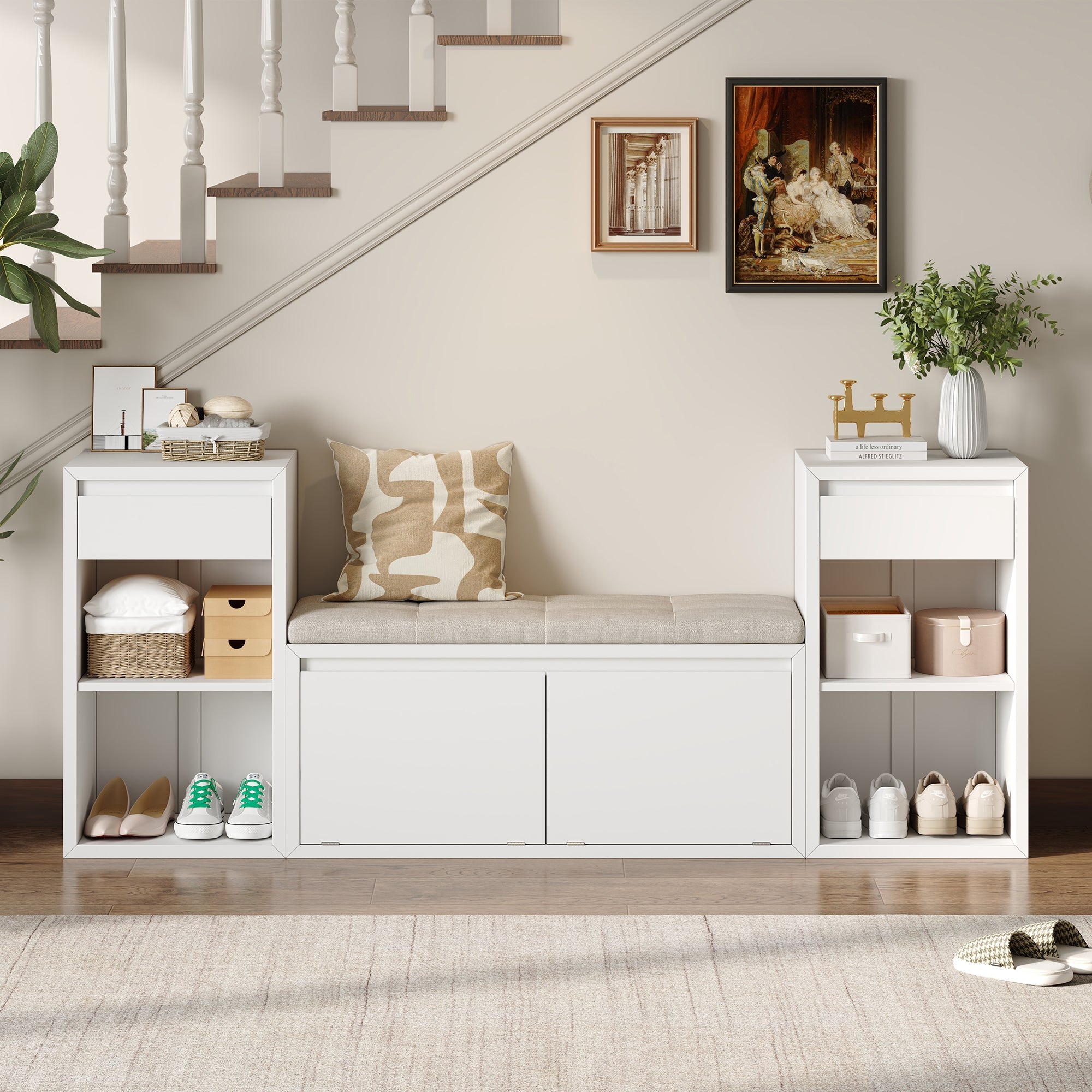 TREXM All-in-One Entryway Storage Bench with Cushion, Compartments & Drawers