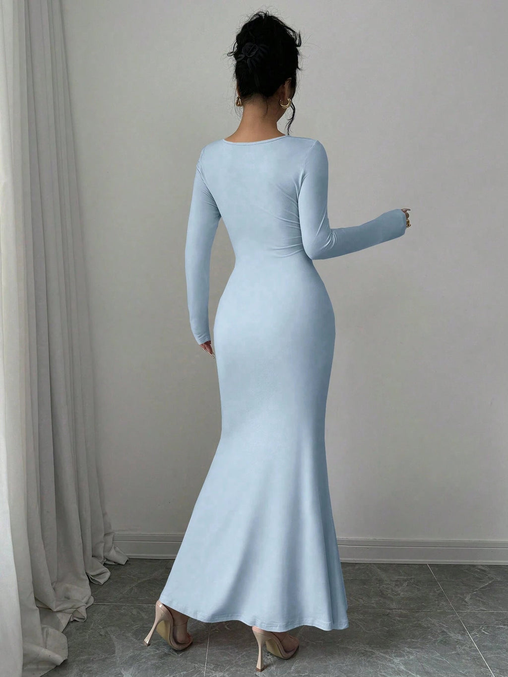 European And American Ladies Fashion Elegant Tight Elastic Sexy Long-Sleeved Fishtail Dress Long Dress