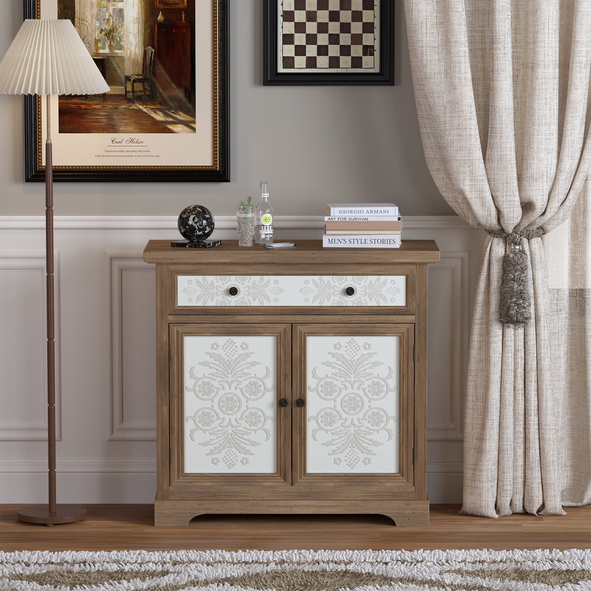 Rustic Vintage Accent Cabinet with Carved Floral Panels