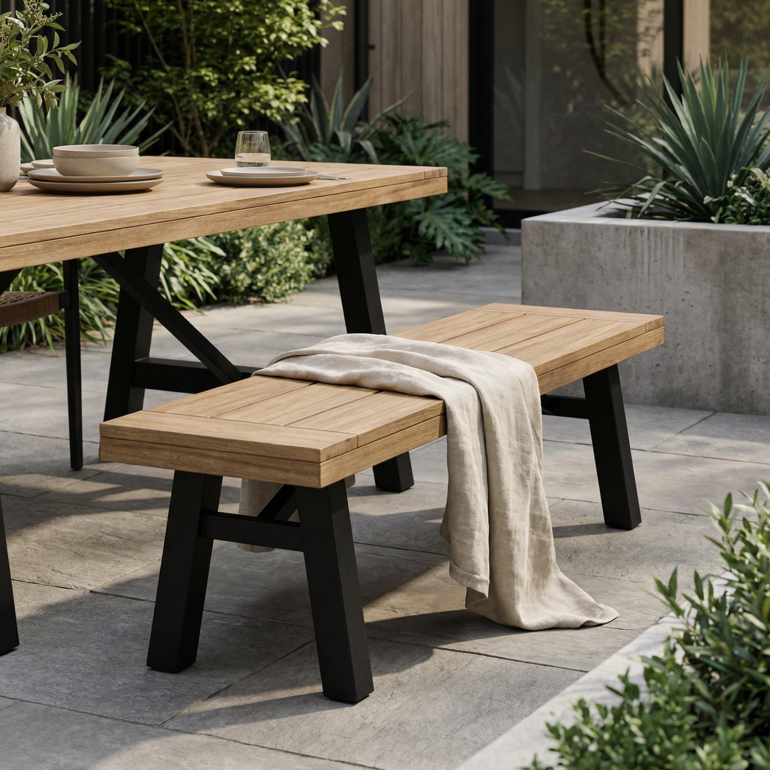 Outdoor Bench with Slat Panel Design and Acacia Wood Frame