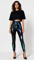 Women Holographic Metallic Patent Capri Leggings, High Waisted Shiny Iridescent 7-8 Cropped Pants For Club Party Festival