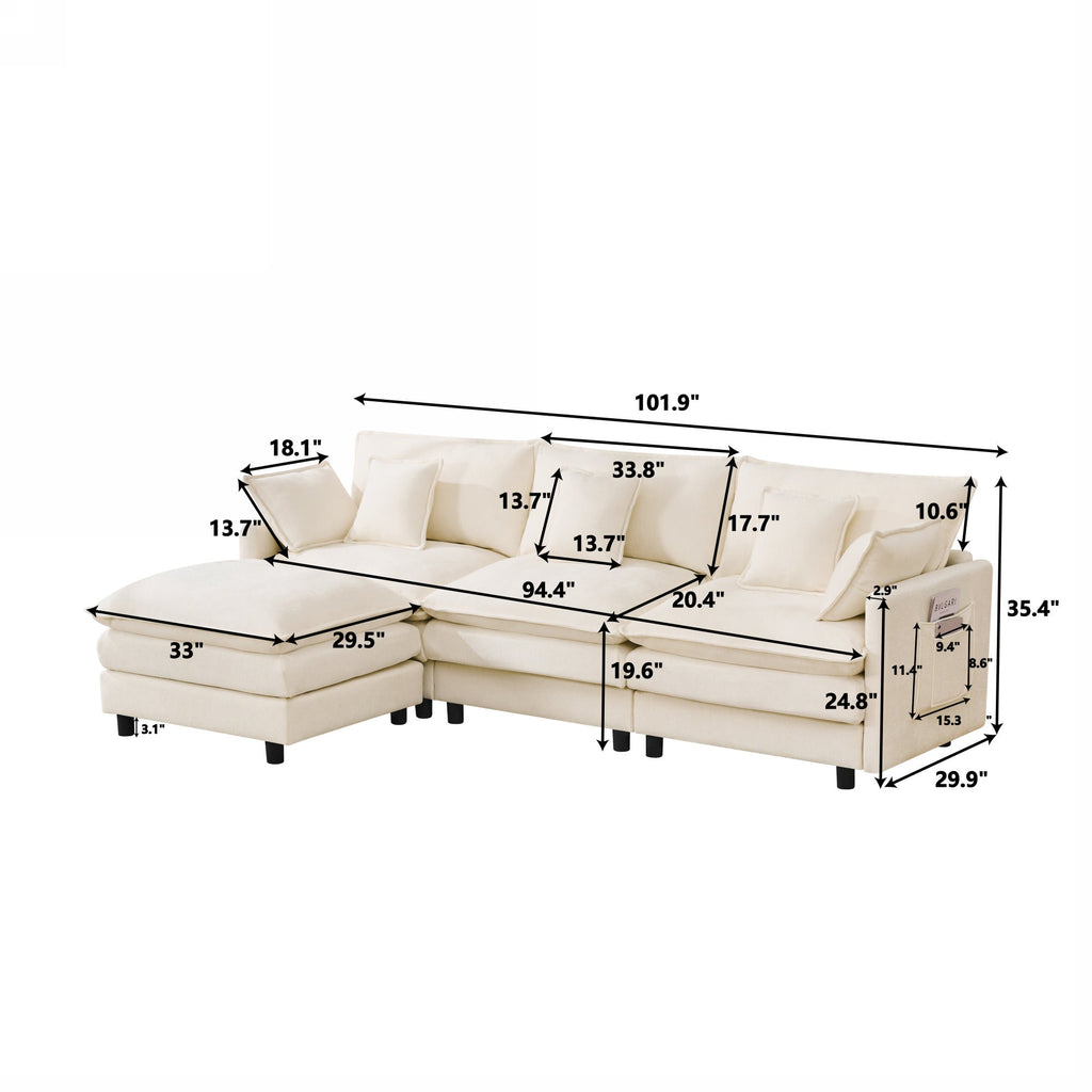 Chenille Modular Three-Seater Sofa with Movable Footstool