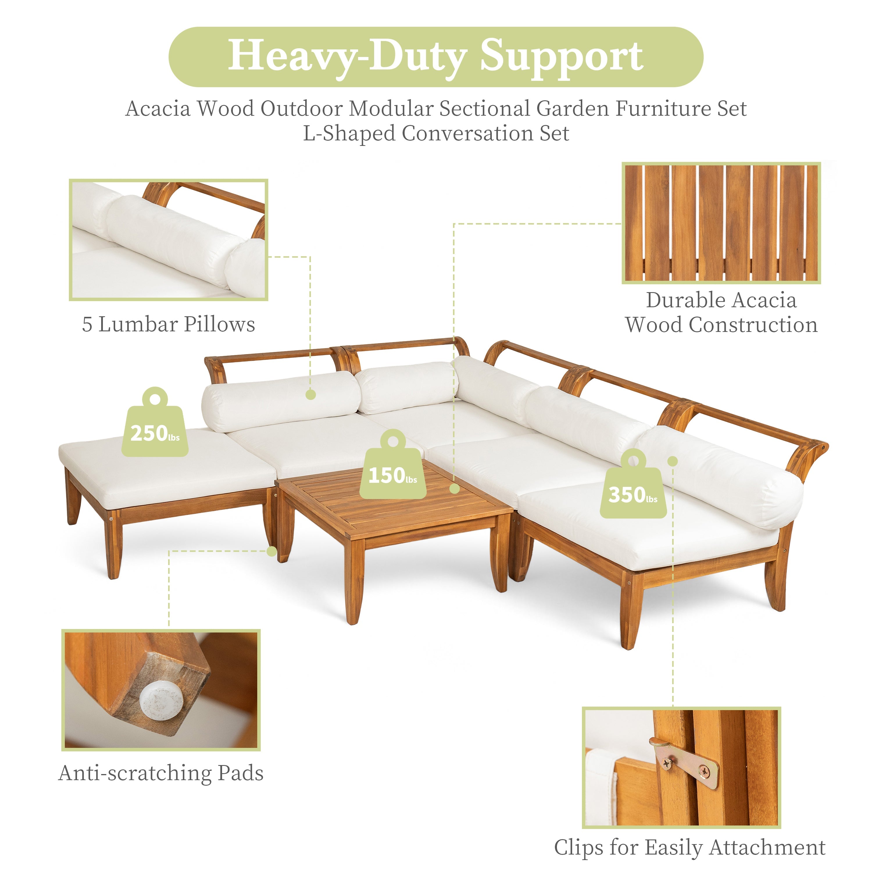TOPMAX 6 Piece Patio Sofa Set - Acacia Wood Modular Sectional