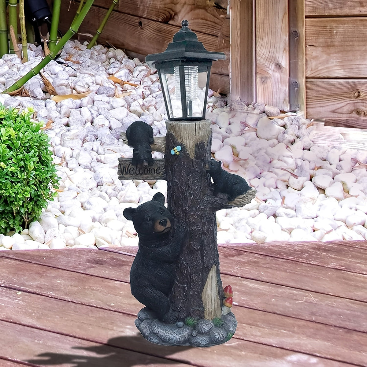Black Bear Statue Welcome Sign with Solar Light