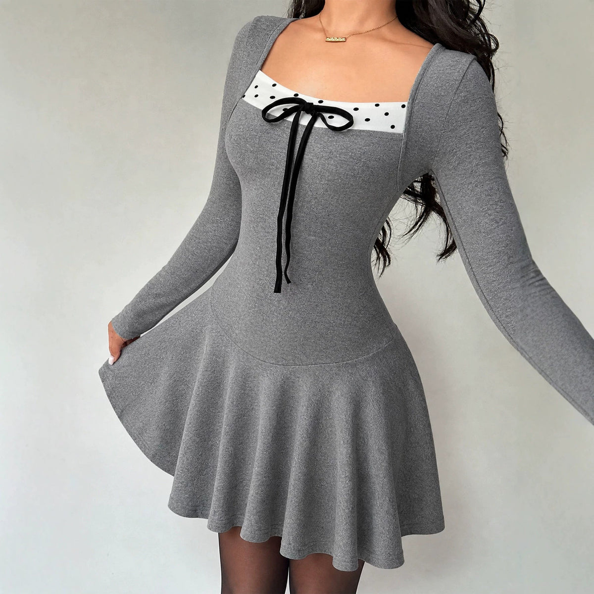 New Arrival Square-neck Long-sleeve Polka-dot Dress That Flatters