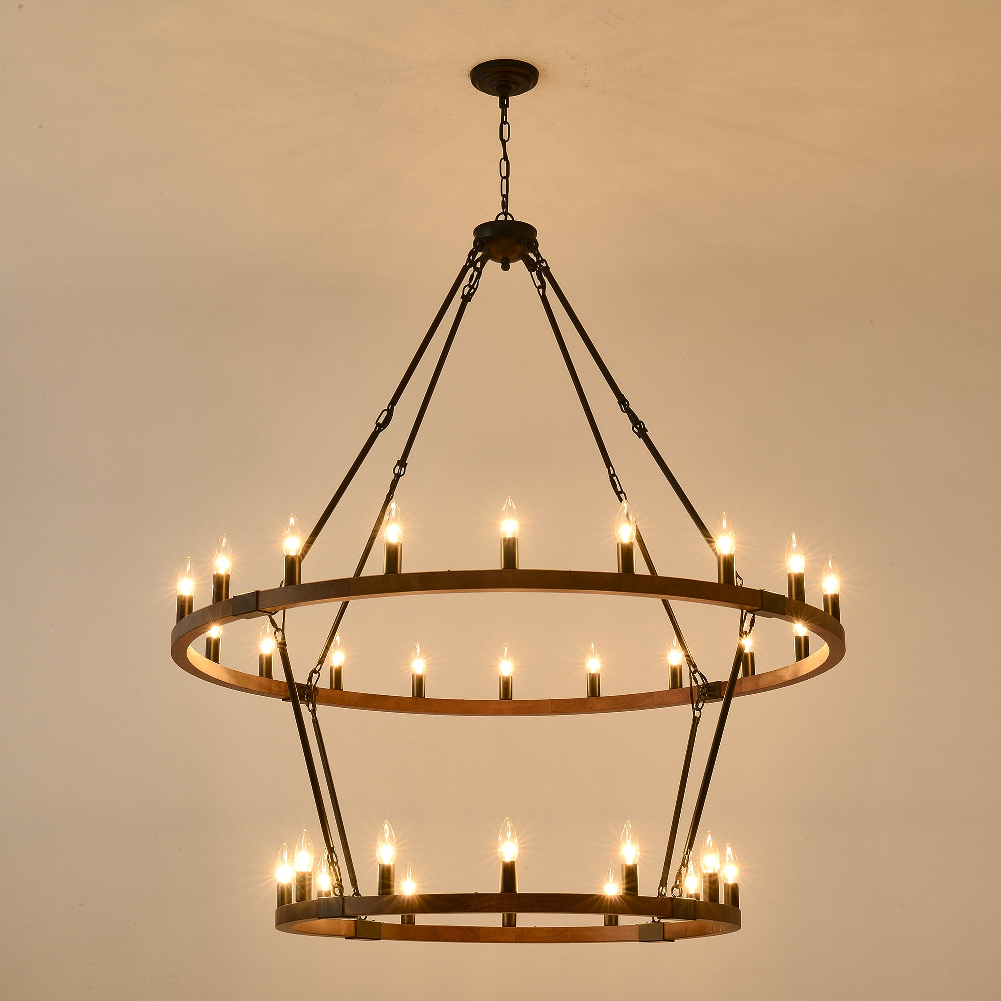 Large Solid Wood Wagon Wheel Chandelier - 32 Lights