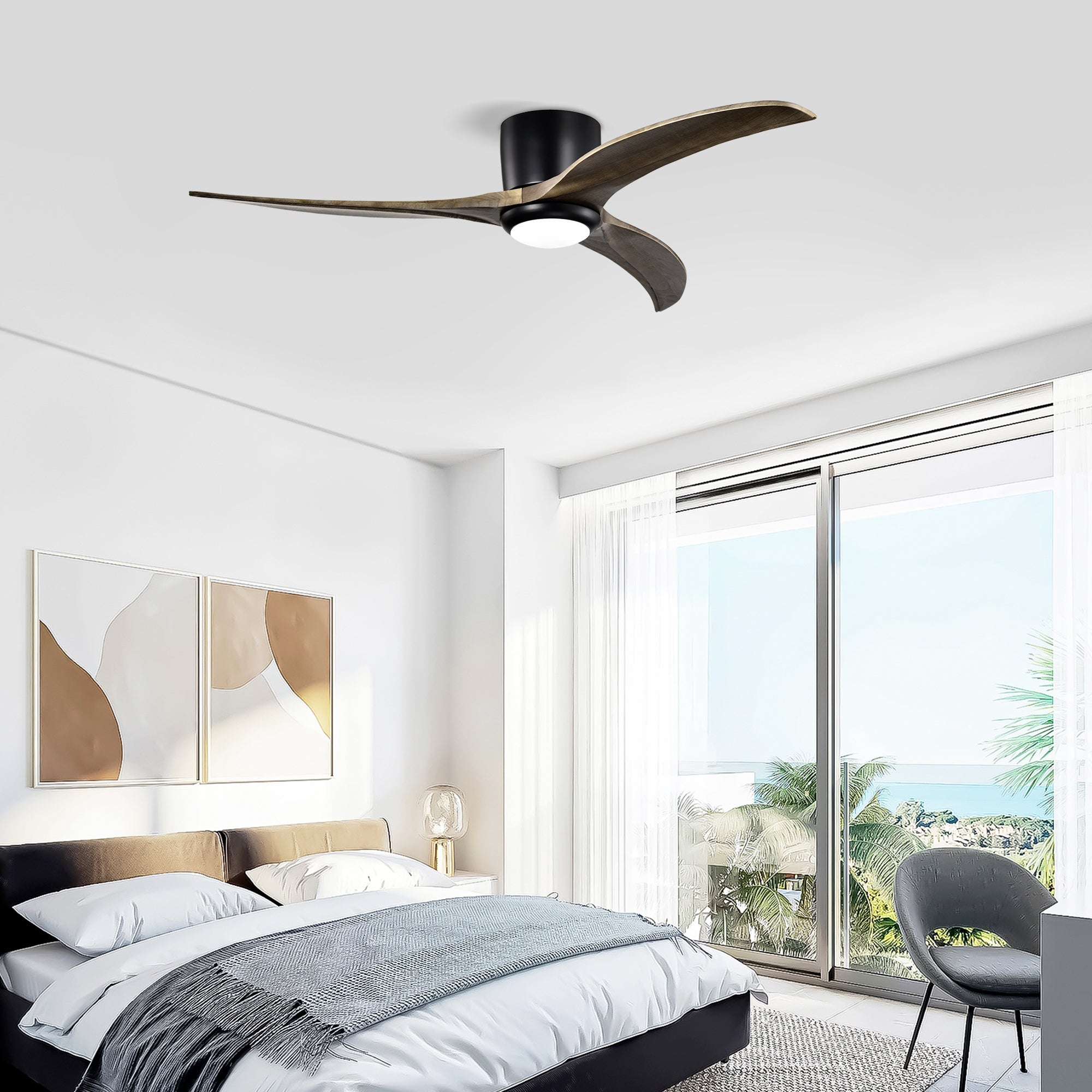 52" Flush Mount Solid Wood Blades Ceiling Fan with Lights