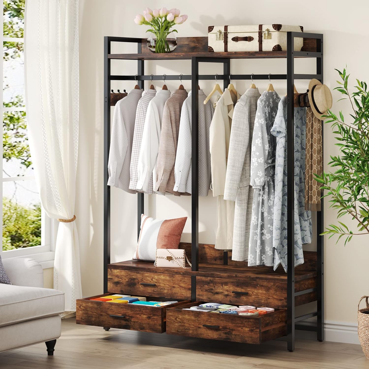 47.2" Rustic Brown Freestanding Closet Organizer