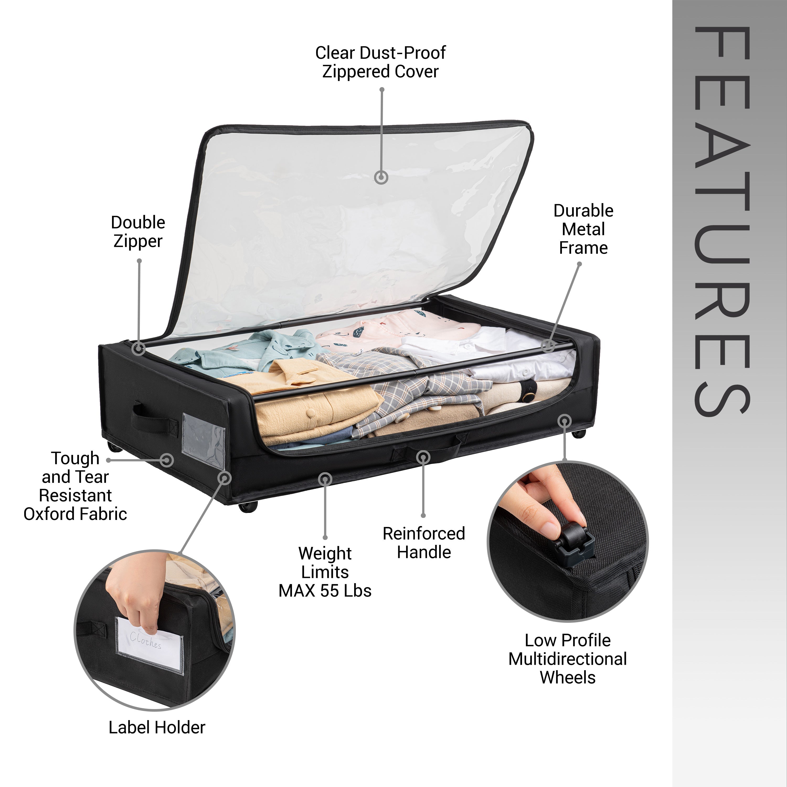 Set of 2 Under-Bed Rolling Storage Containers with Transparent Cover