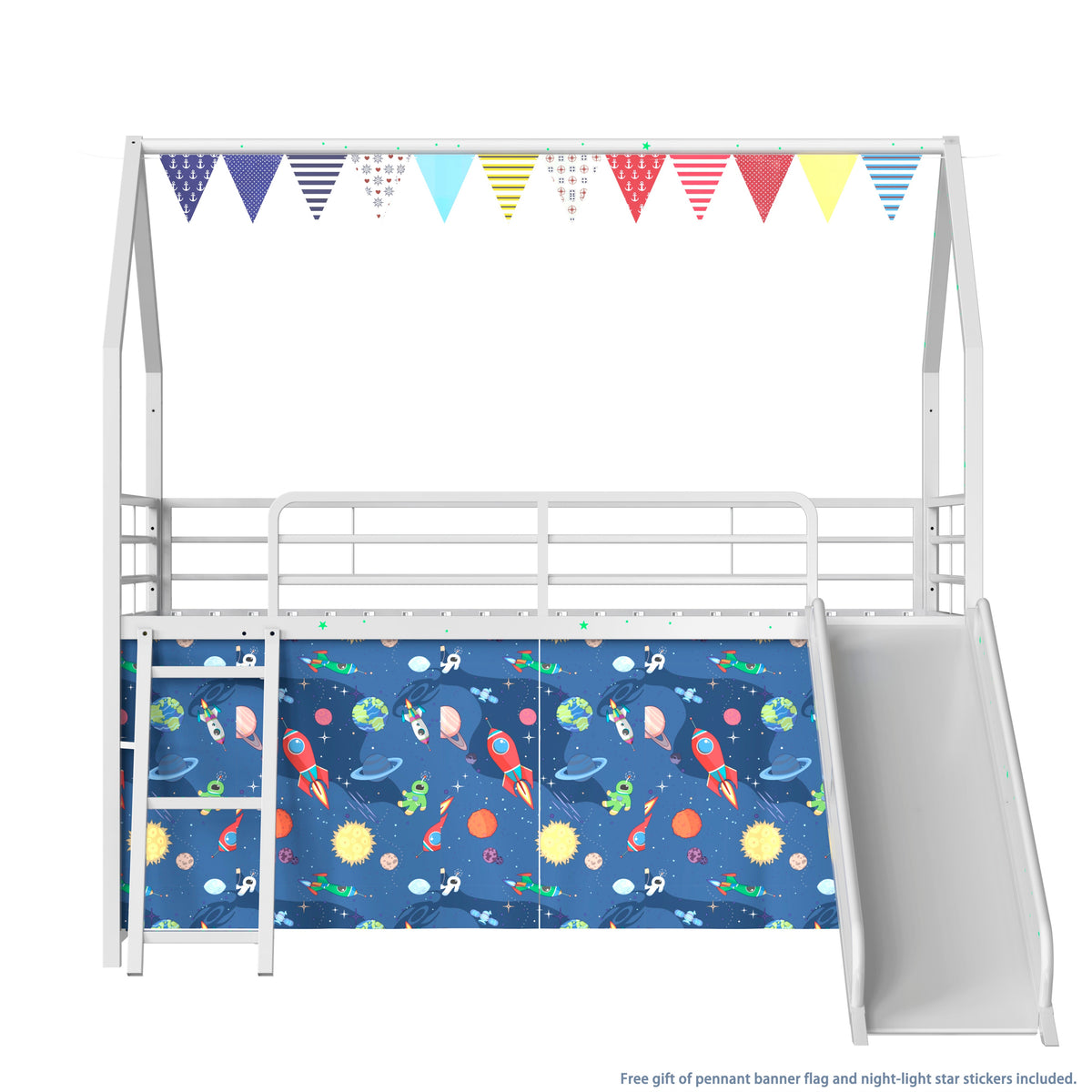 Jack Metal Junior House Twin Loft Bed with Slide and Curtain Set