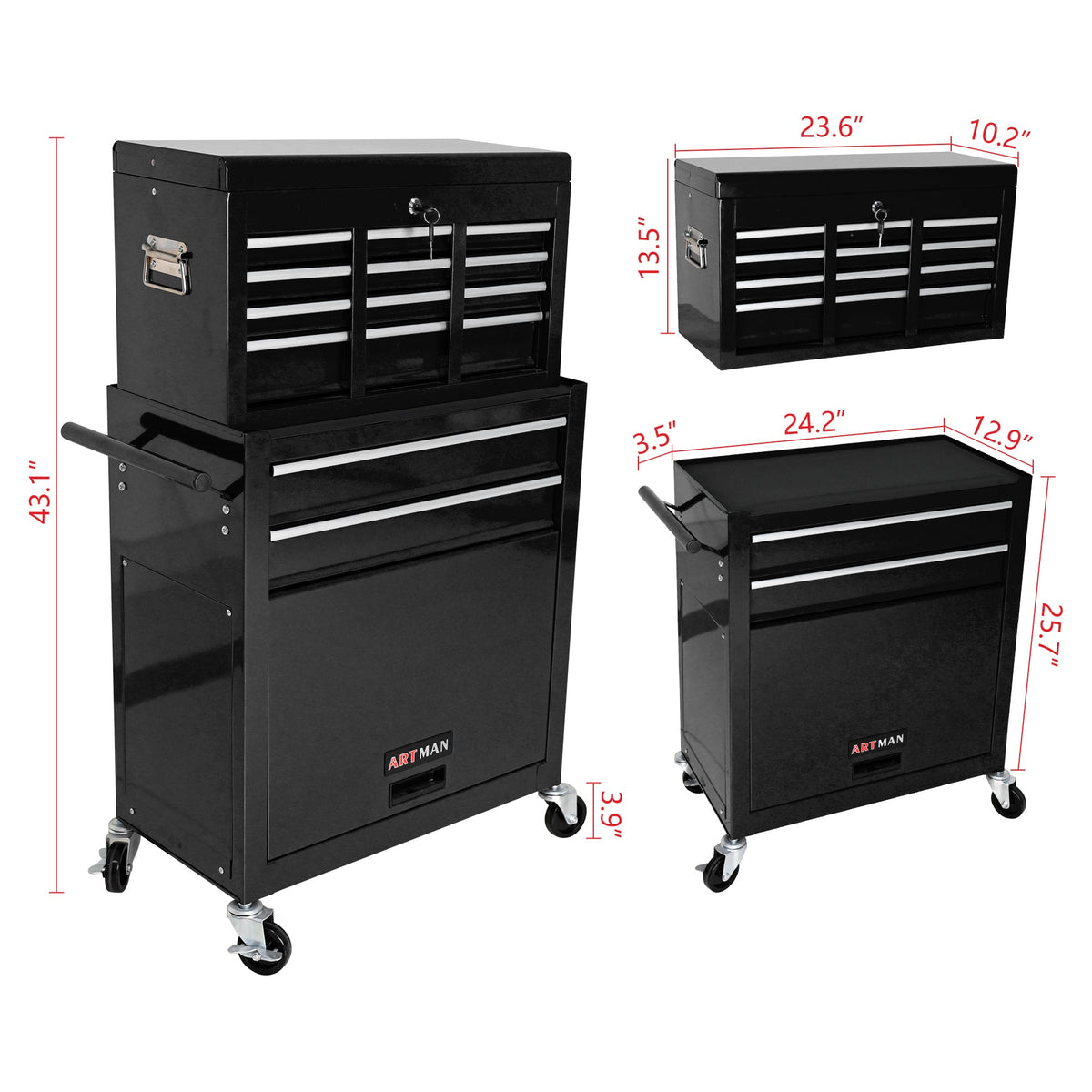 High Capacity Rolling Tool Chest with Wheels and Drawers, 8-Drawer Tool Storage Cabinet--BLACK