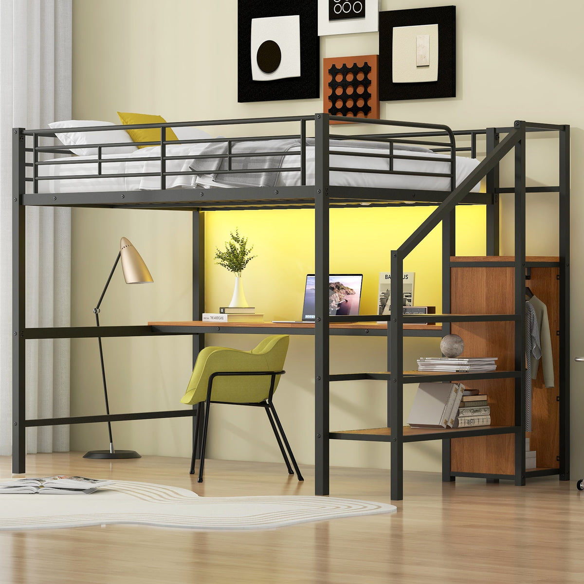 Full Size Metal Loft Bed with Desk, Storage Staircase, Small Wardrobe and LED Light