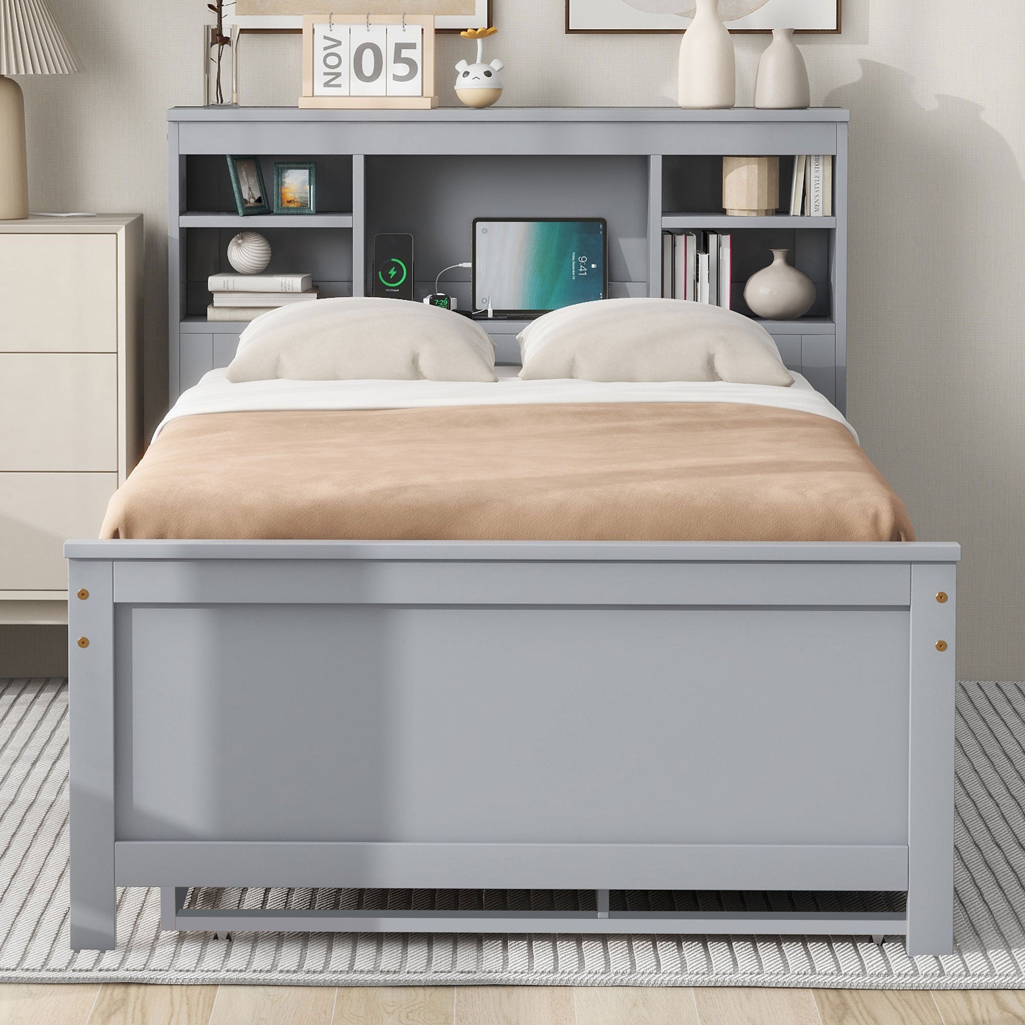 Twin Size Platform Bed with Storage Headboard and USB