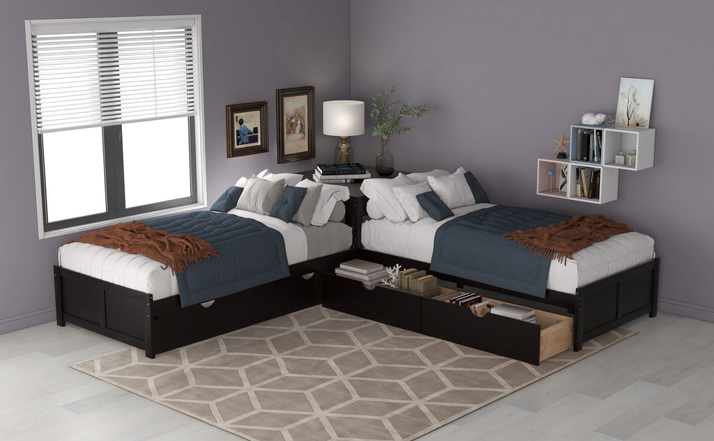 L-Shaped Platform Bed with Trundle and Built-in Desk