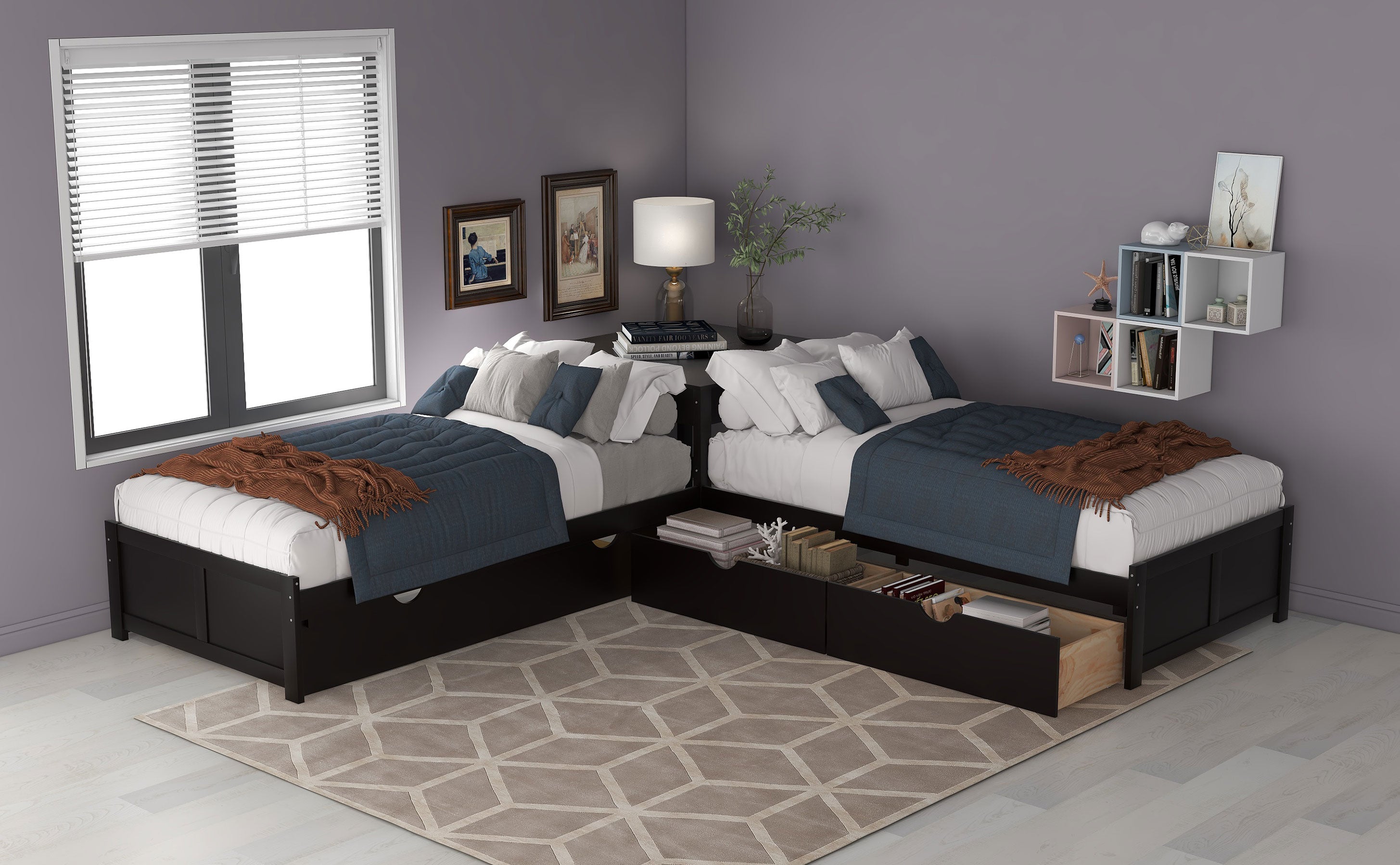 L-Shaped Platform Bed with Trundle and Built-in Desk