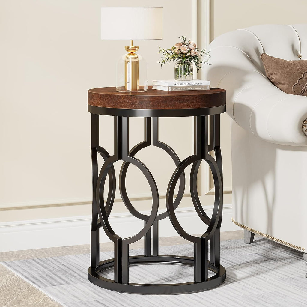 20" Round Industrial Side Table with Metal Openwork Frame