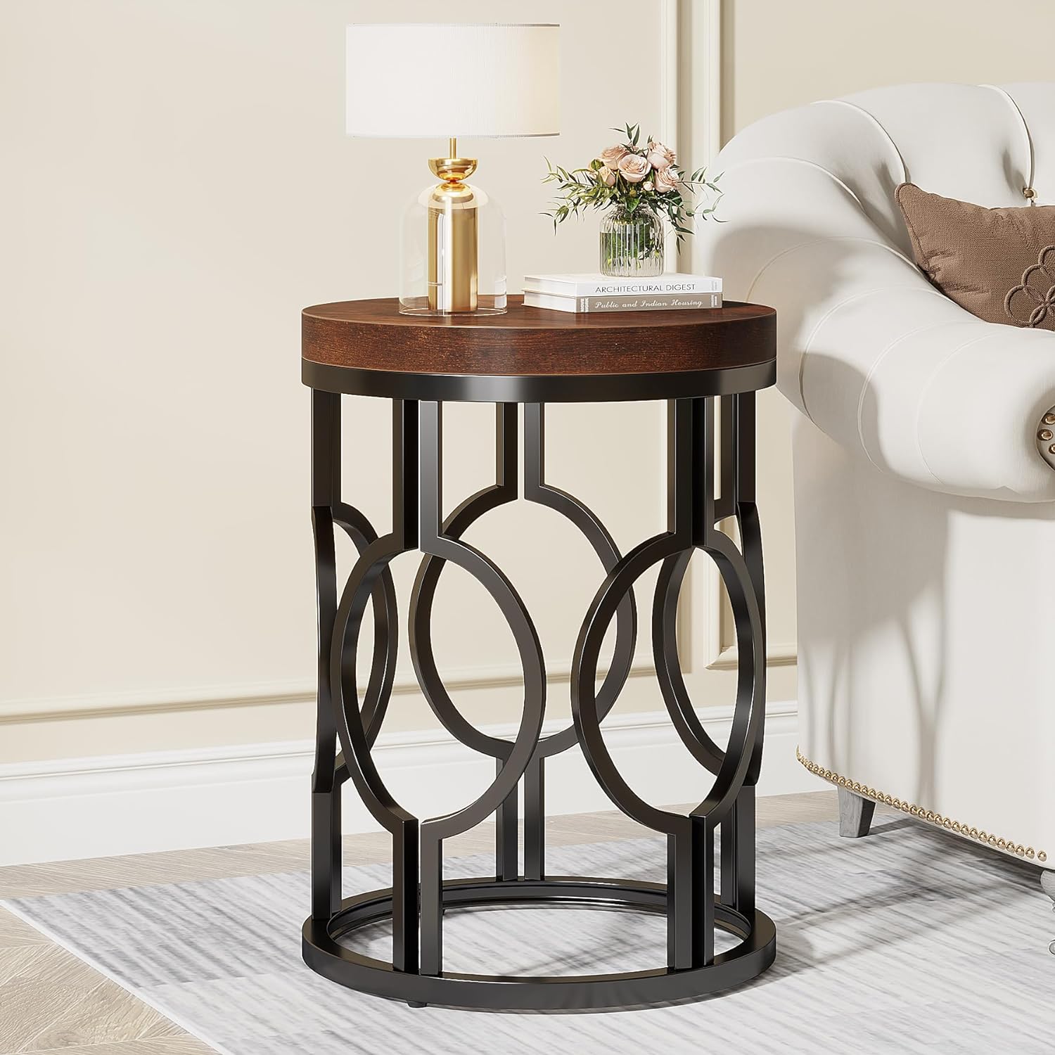 20" Round Industrial Side Table with Metal Openwork Frame