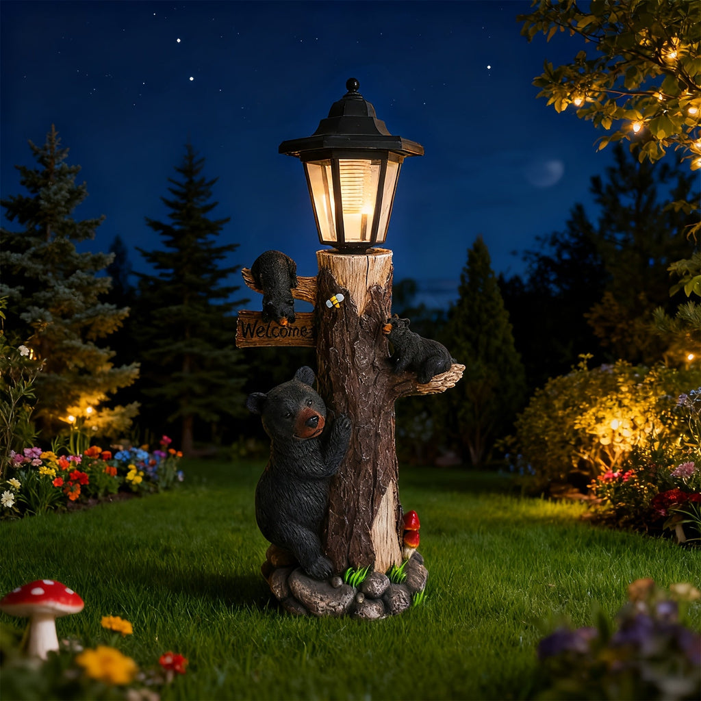 Black Bear Statue Welcome Sign with Solar Light