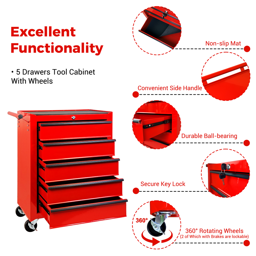Rolling Metal Tool Chest with 5 Drawers