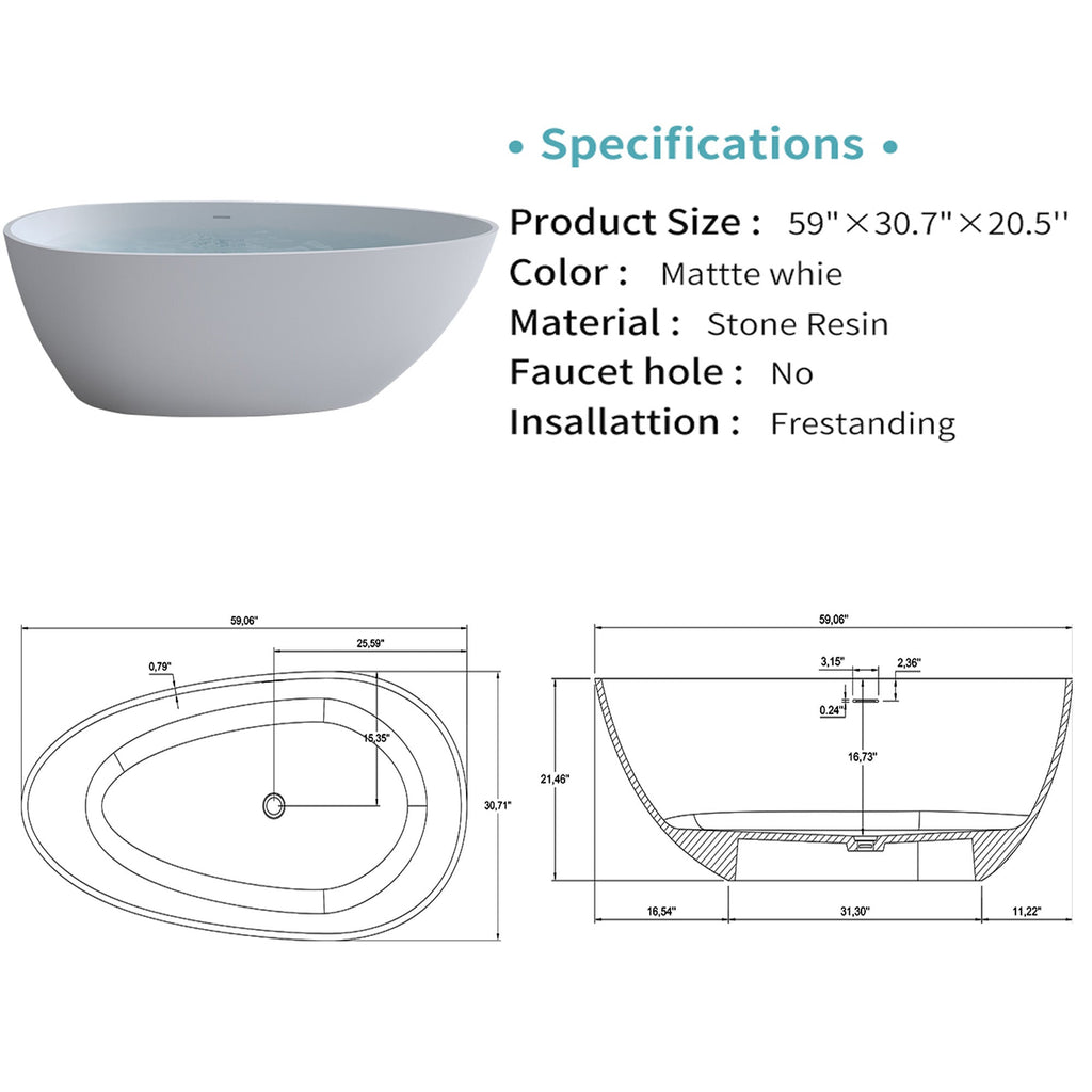 59'' Solid Surface Matte Tub