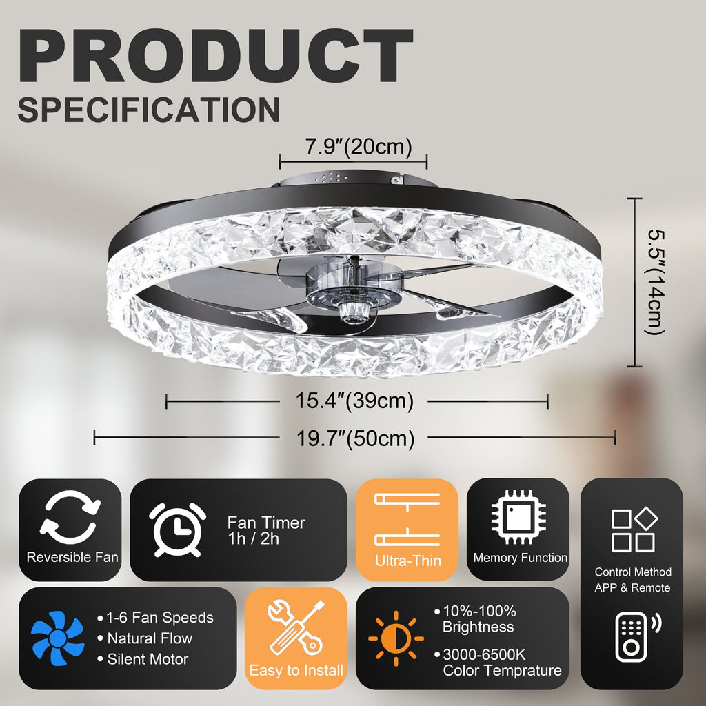 19.7" Ceiling Fan with Lights Remote and APP Control