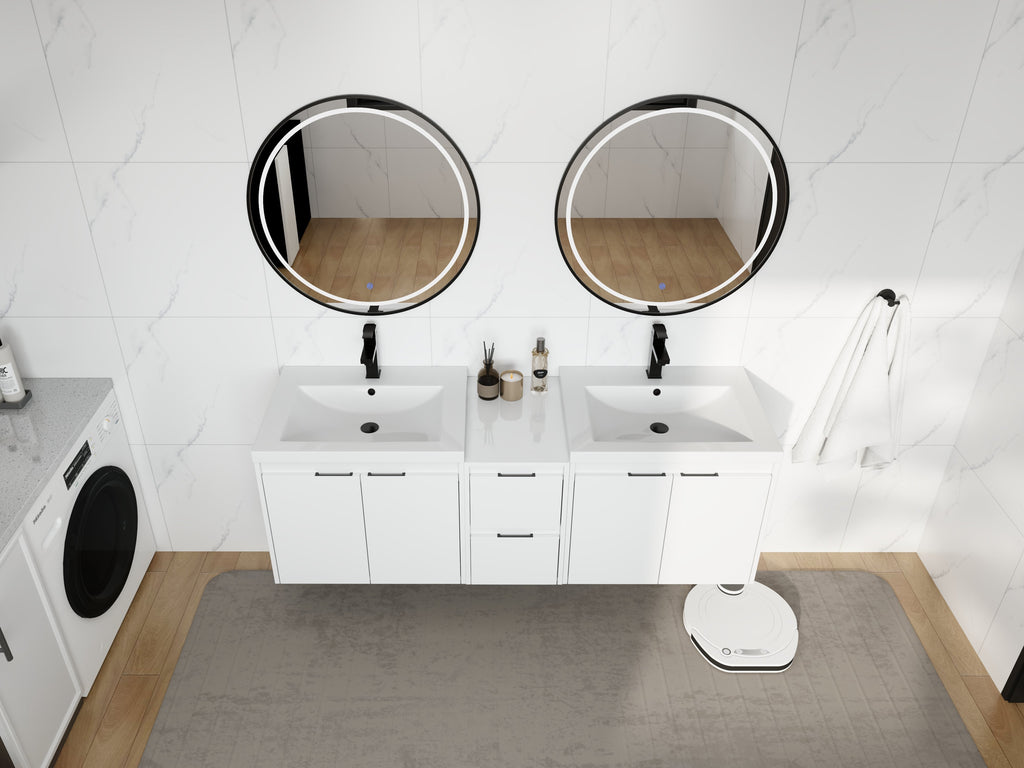 60" Bathroom Vanity With Resin Sink, Soft Close Doors and 1-Side Cabinet, Float Mounting Design, Glossy