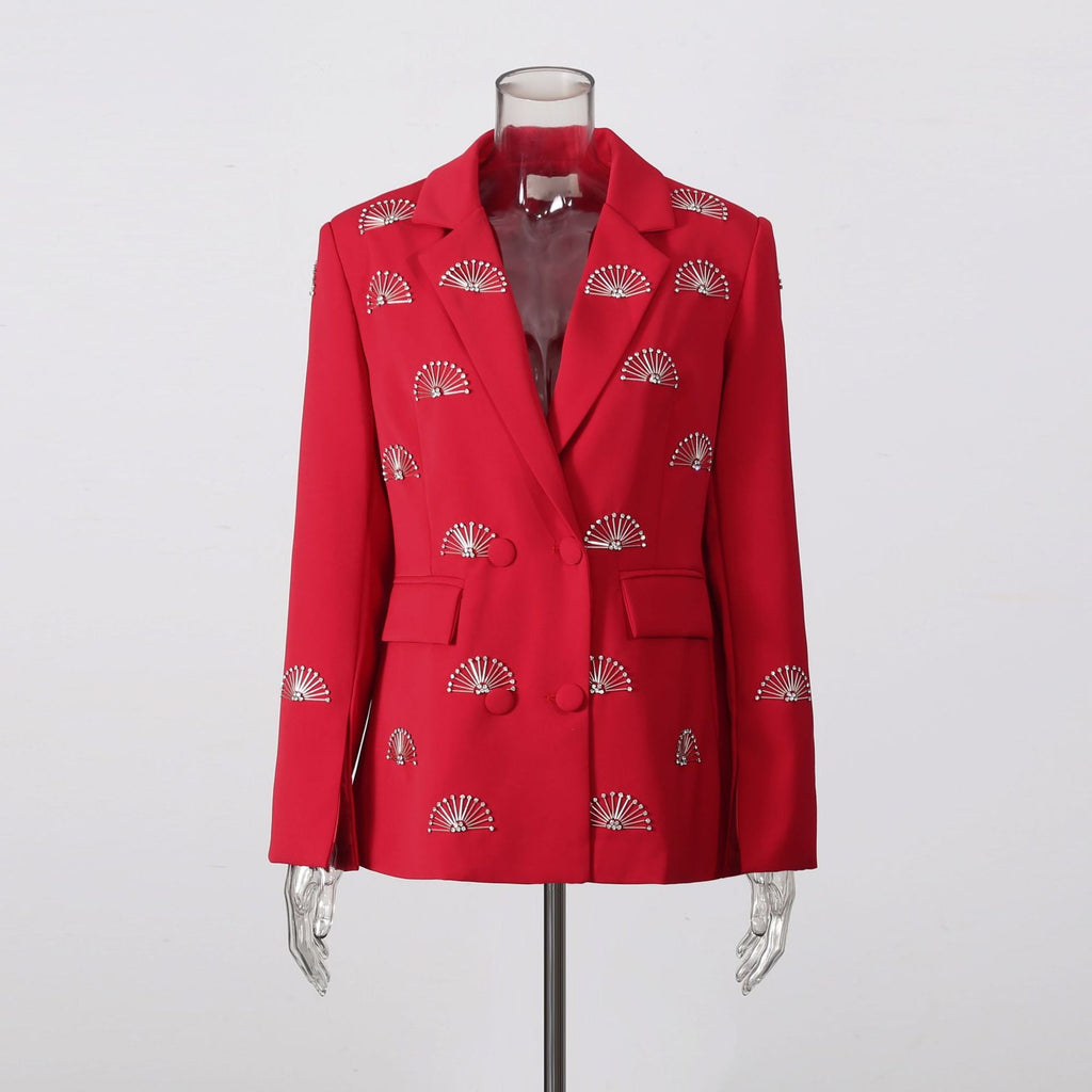 Rhinestone Fan Motif Double Breasted Notched Lapel Tailored Blazer Jacket