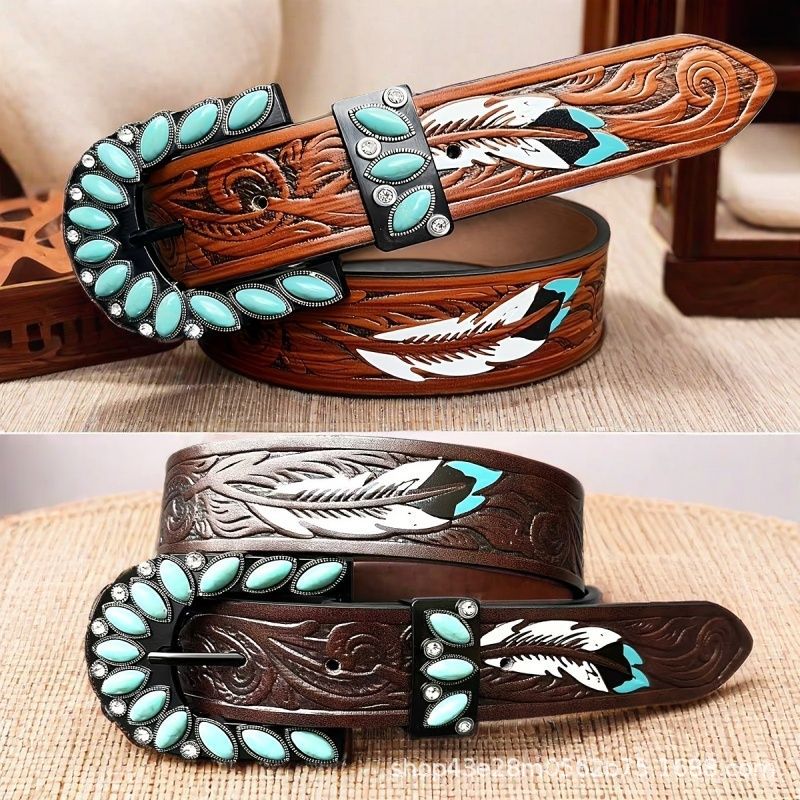 Women's Leather Belt Retro Medieval Turquoise Buckle Waistband Ladies Cowgirl Leather Belt In Stock Wholesale