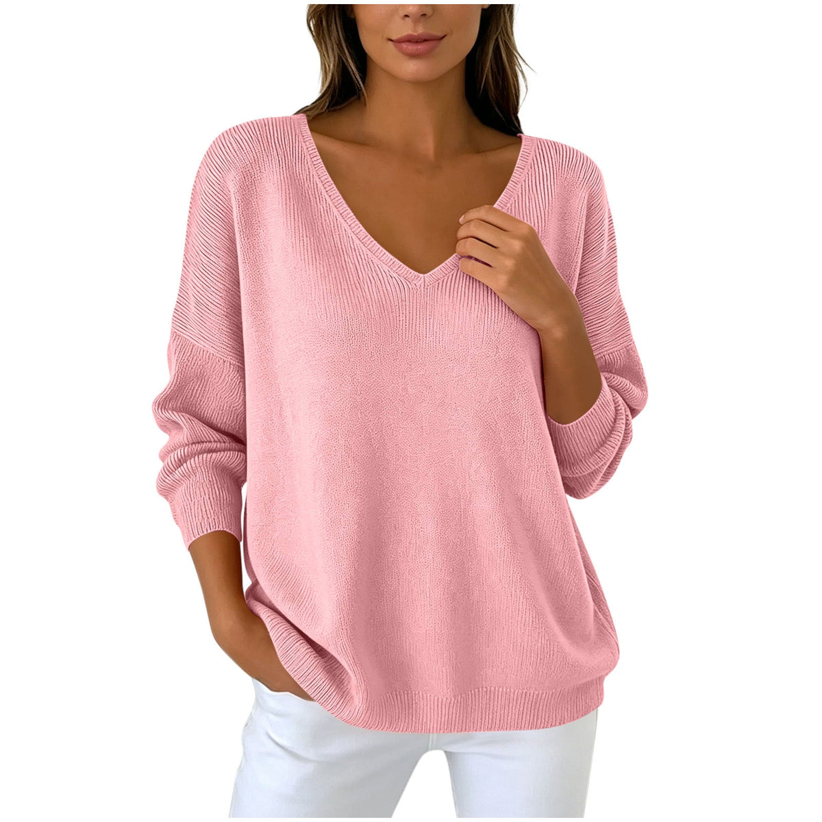 Autumn Winter Women's V-neck Long Sleeved Knitted Sweater Large Loose Shoulder Solid Color Top For Women