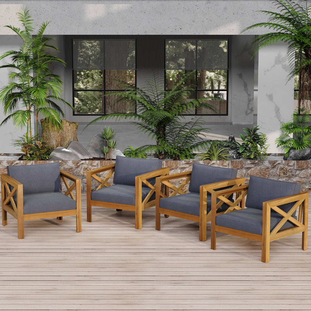 Outdoor Acacia Wood Club Wooden Armchair with Cushions (Set of 4)