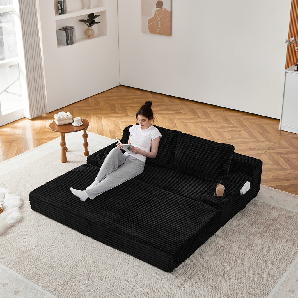 70.8-Inch Corduroy Two-in-One Sofa Bed with Lounge Chair