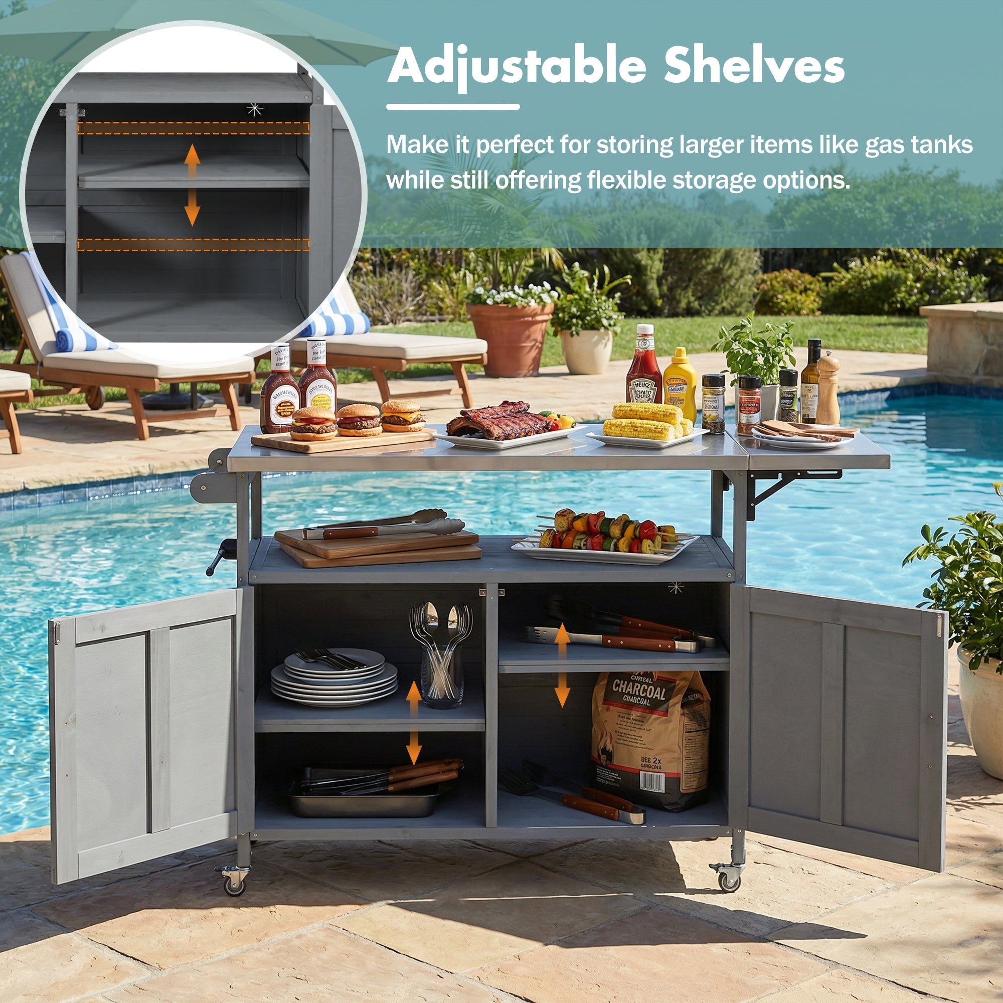 Foldable Outdoor Kitchen Island with Lockable Wheels