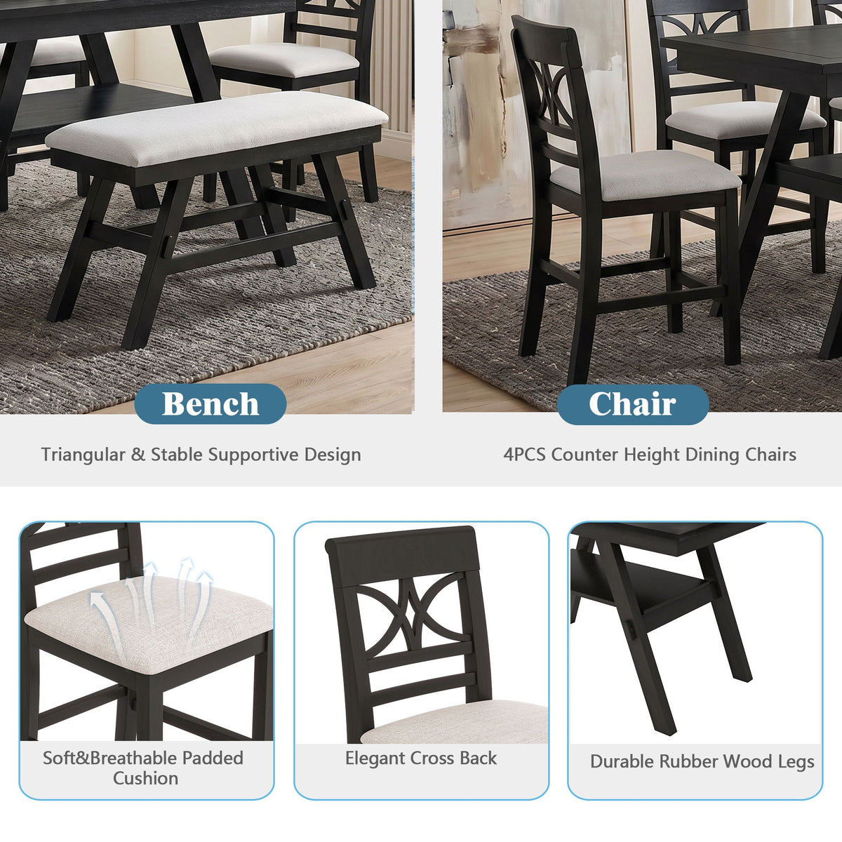TOPMAX 6-Piece Wood Counter Height Dining Table Set with Storage Shelf