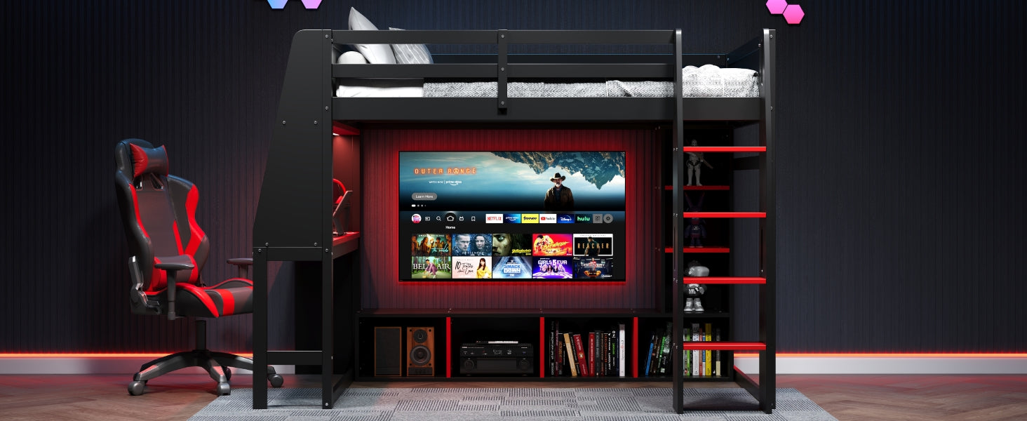 Wood Twin Size Gaming Loft Bed with Desk, Multi-storage Shelves, LED and a Hanging Clothes Rack