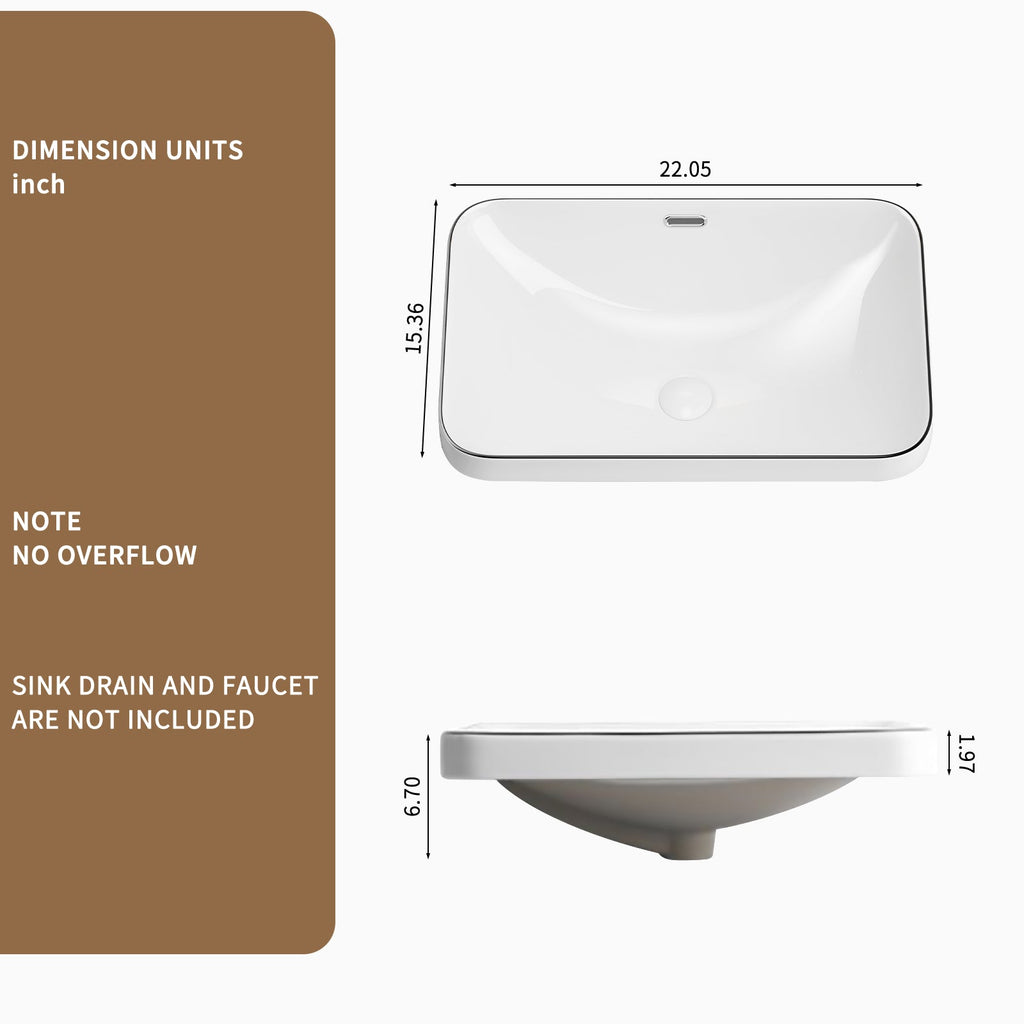 Ceramic Undermount Bathroom Sink 22.05" x 15.36"
