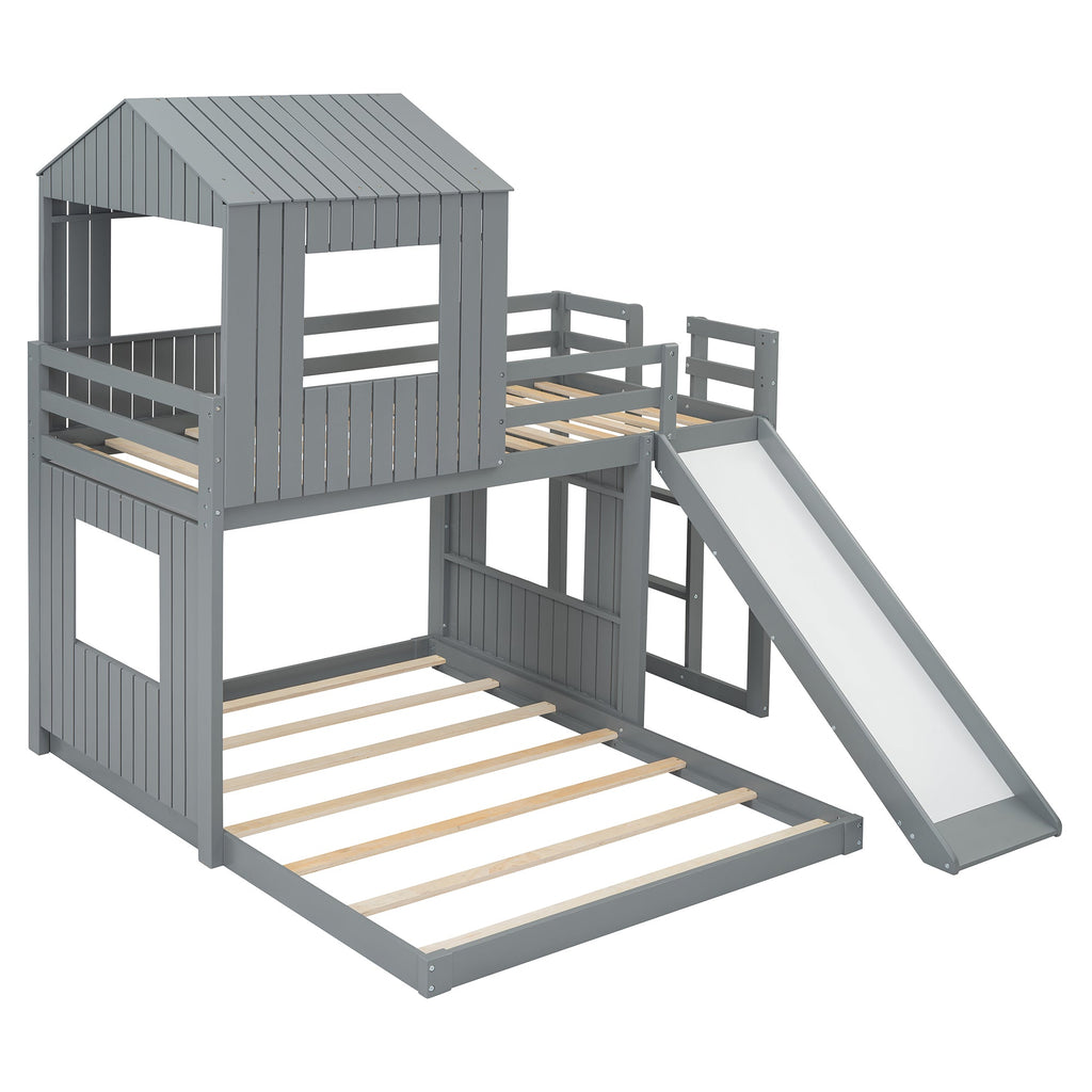 Wooden Twin Over Full Bunk Bed, Loft Bed with Playhouse