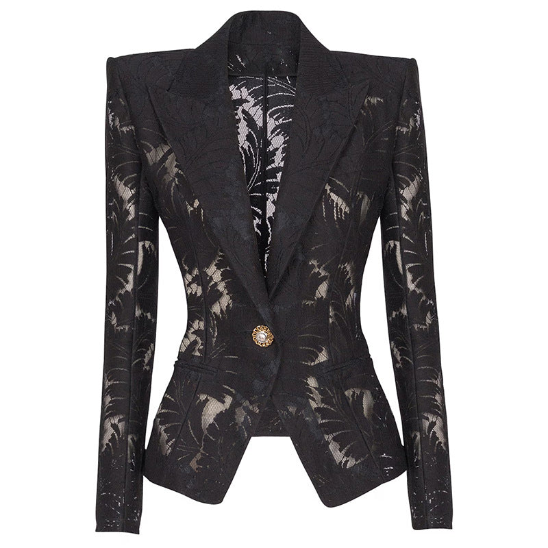 Sheer Leaf Jacquard Single Button Cropped Blazer Jacket