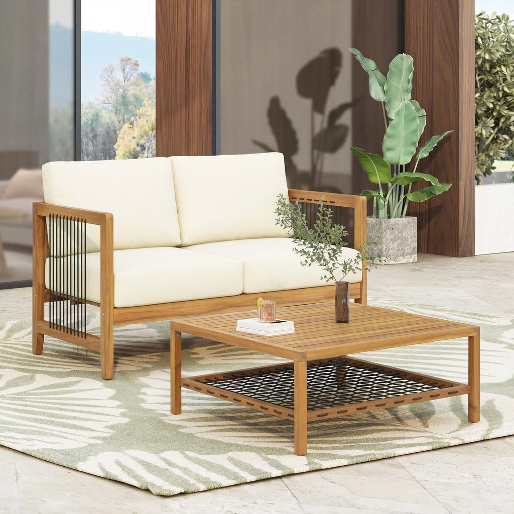 2-Piece Acacia Wood Outdoor Loveseat Set